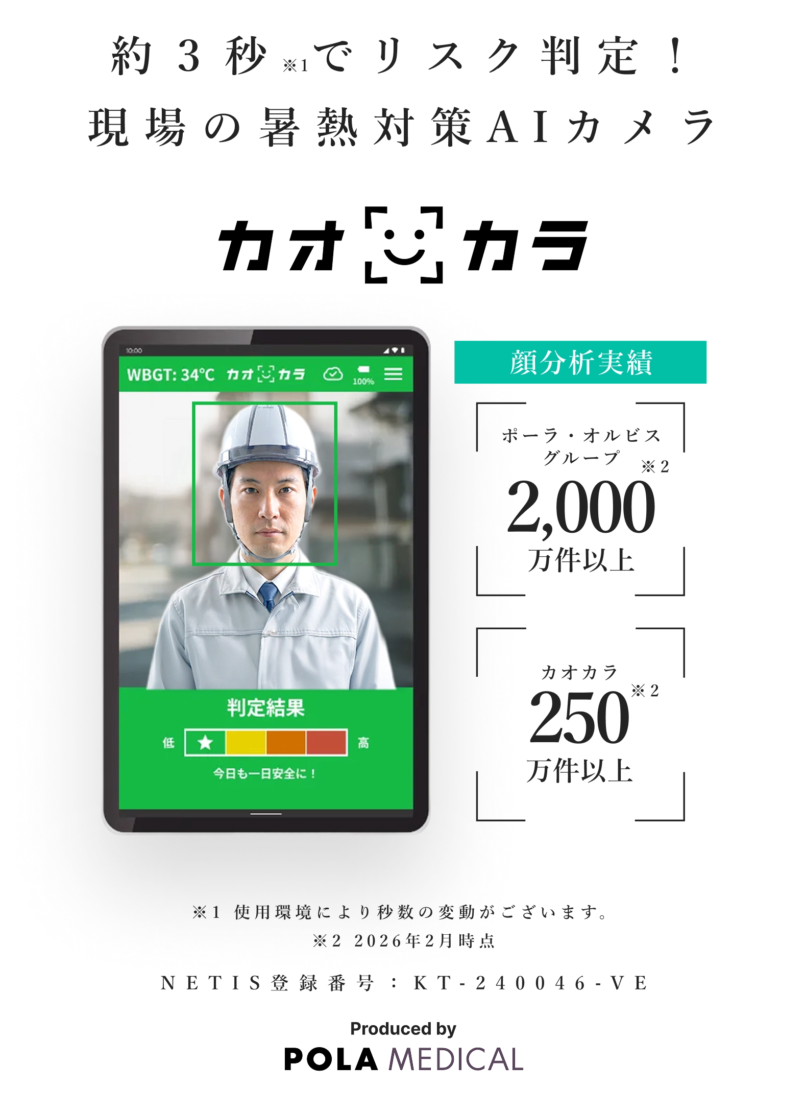 約3秒でリスク判定！※1現場の暑熱対策AIカメラ カオカラ